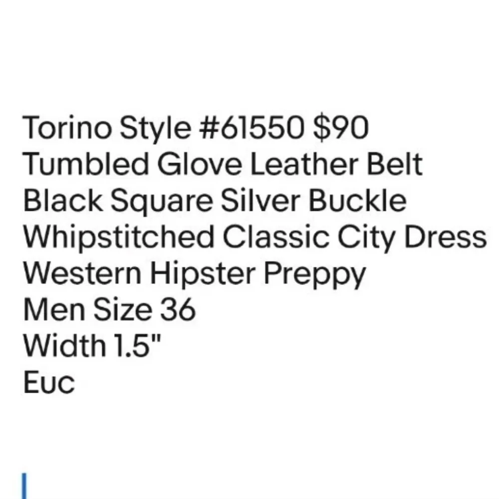 Torino Tumbled Glove Leather Belt Men Sz 36 Black Square Nickel Buckle Western